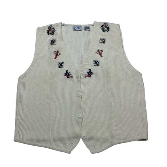 Vintage Leon Levin Sweater Vest Women M White Golf Theme Embroidered Button Down - Picture 1 of 9